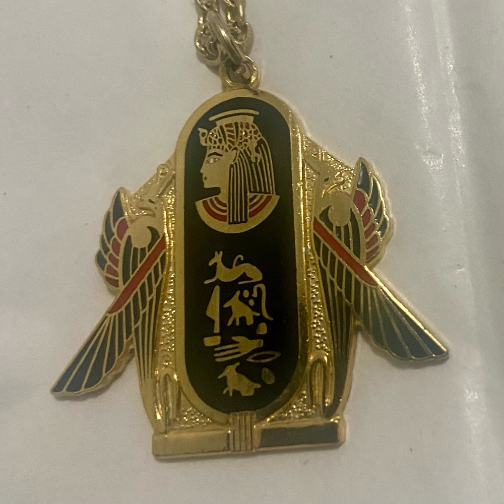 Egyptian Cleopatra Pendant Necklace Gold Tone Enamel